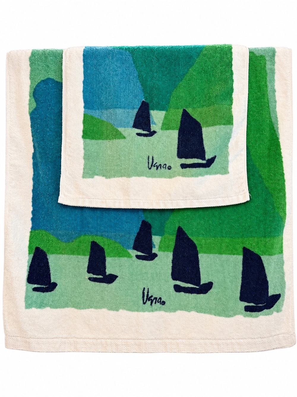 Vintage Vera Neumann Painted Boats Bath Hand Towel Set Burlington Rare MCM
